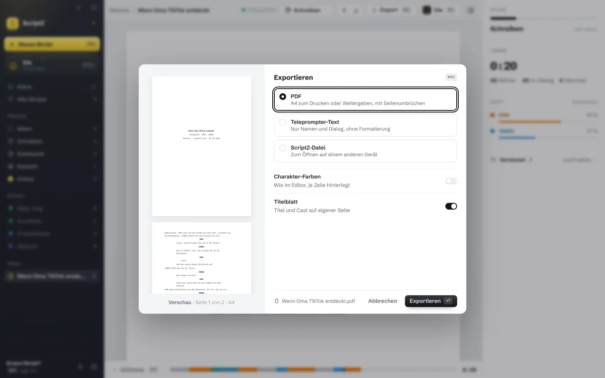 Export-Dialog mit PDF-Vorschau, Teleprompter-Text und ScriptZ-Datei