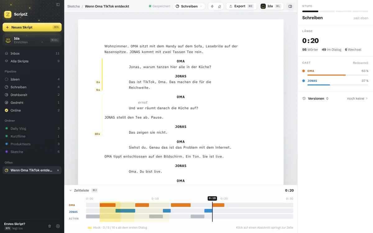 ScriptZ mit geöffnetem Sketch, Laufzeit, Cast und Zeitleiste