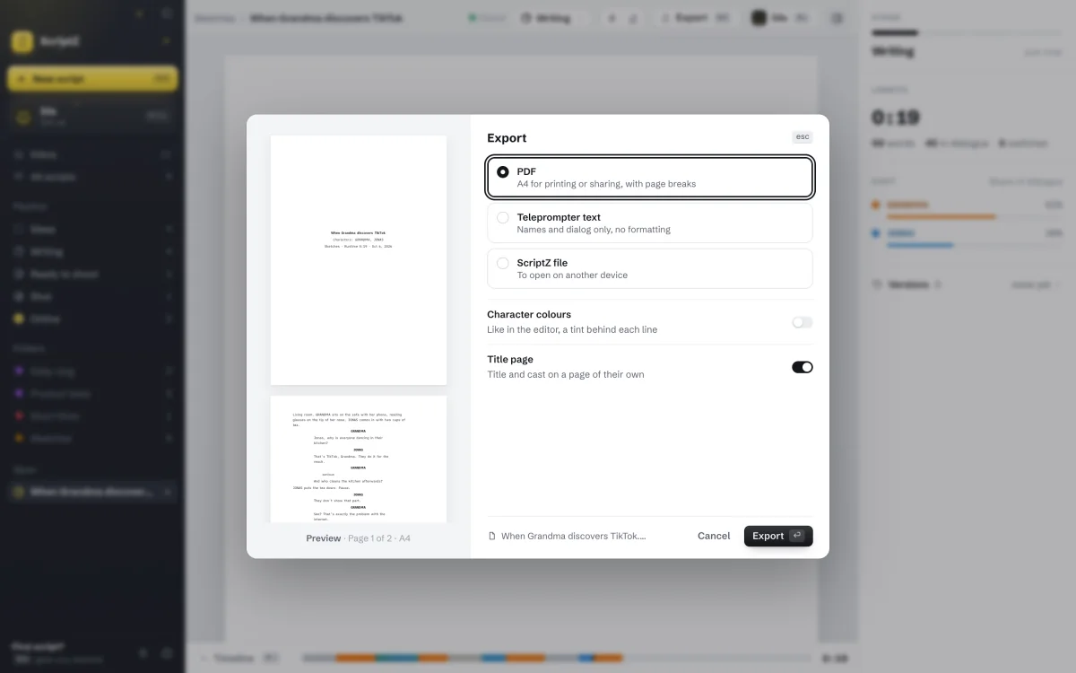 Export dialog with PDF preview, teleprompter text and ScriptZ file